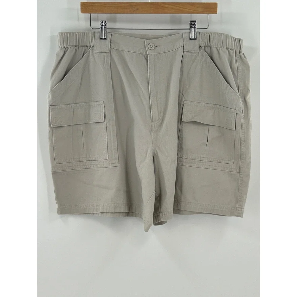 Croft & Barrow Mens Khaki Cargo Shorts Size 42 Elastic Waist Cotton Twill Tan